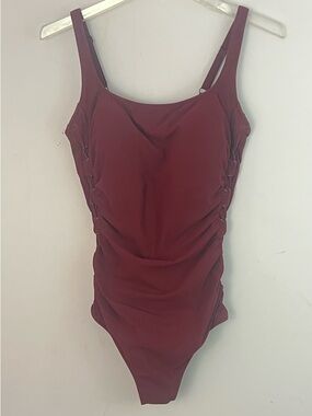 Profile by Gottex 14 Burgundy Ruched One Piece Swimsuit Lace-Up Padded Cups